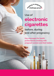 Pregnant women holding stomach, with images of e-cigarettes, titled use of electronic cigarettes before, during and after pregnancy. 
