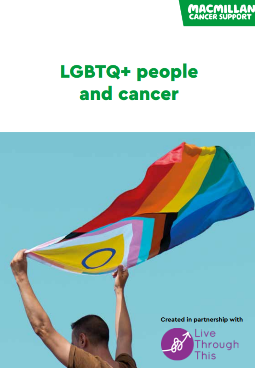 A person flying a rainbow flag titled LGBTQ+ people and cancer 