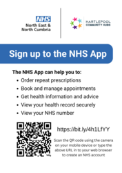 poster listing benefits of downloading the app with QR code/website address 