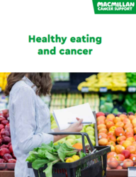 Woman carrying a shopping basket with fruit and vegetables, title reads; Healthy eating and cancer. 