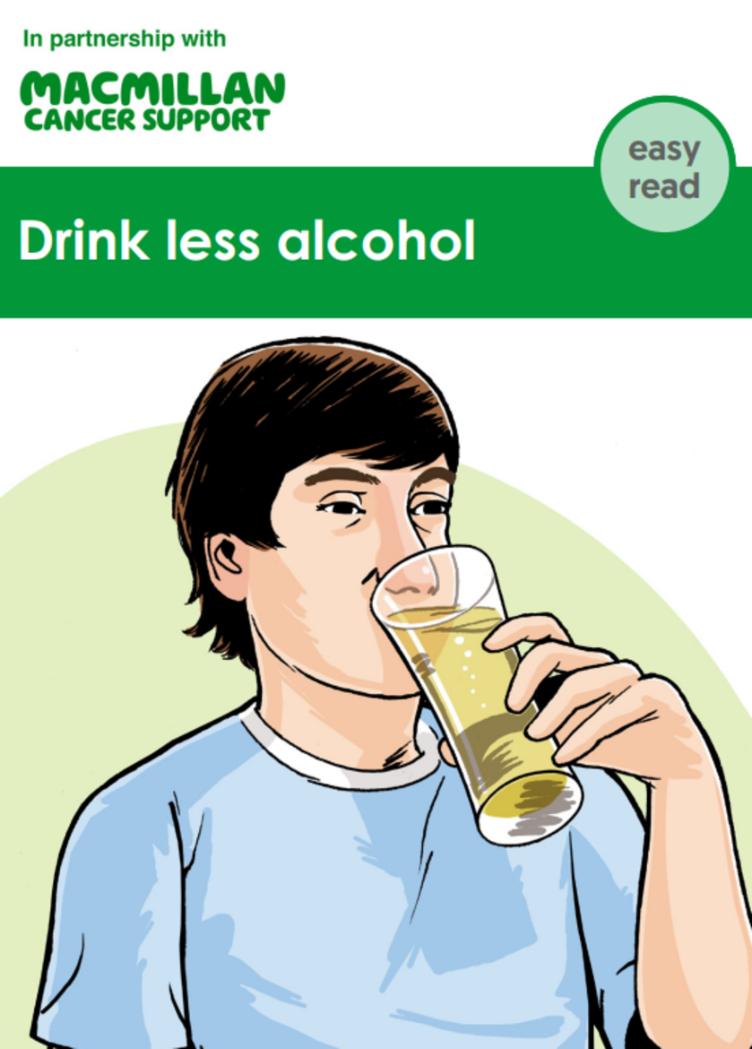 Cartoon of a man drinking alcohol titled; Drink less alcohol 