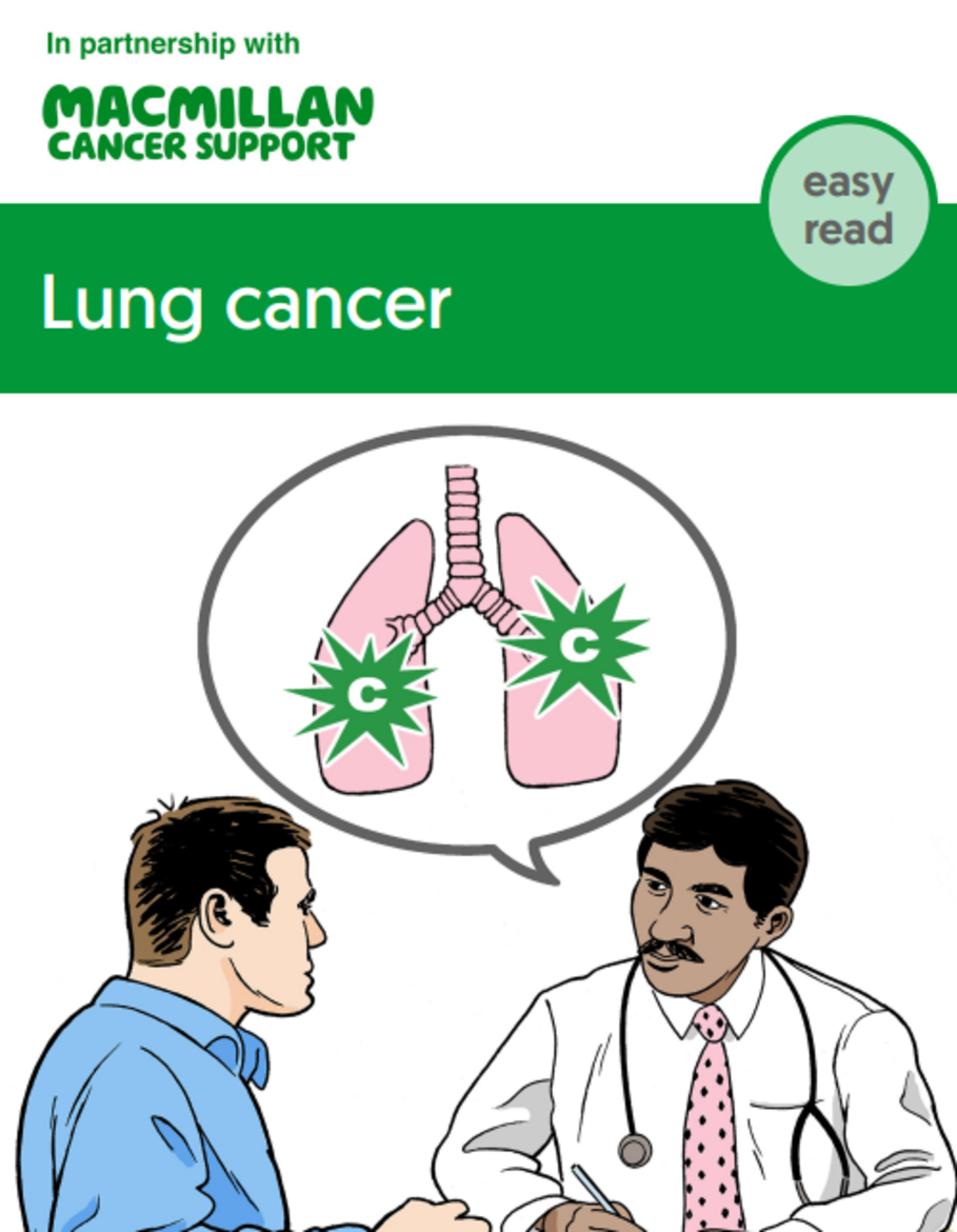 Cartoon of two men having a discussion a thought bubble in the middle of both men with a set of lungs with C on each lung. Titled; Lung cancer.