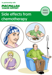 Four different images; a woman with a head scarf, woman feeling uncomfortable with her mouth, man refusing food and a man sat having the chemotherapy treatment. Title reads; Side effects from chemotherapy