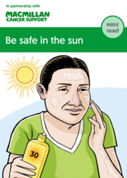 Cartoon of an individual out in the sun applying sun cream to their face title reads, stay healthy, be safe in the sun 