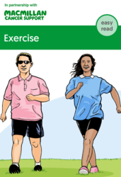 Cartoon of a man and woman outside taking part in physical exercise, title reads; stay healthy, exercise 