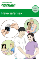 Four cartoon images, an individual opening a condom wrapper, couple with arms around each other, woman getting a injection by a professional and a couple with arms around each other. Title reads stay healthy, have safe sex. . 