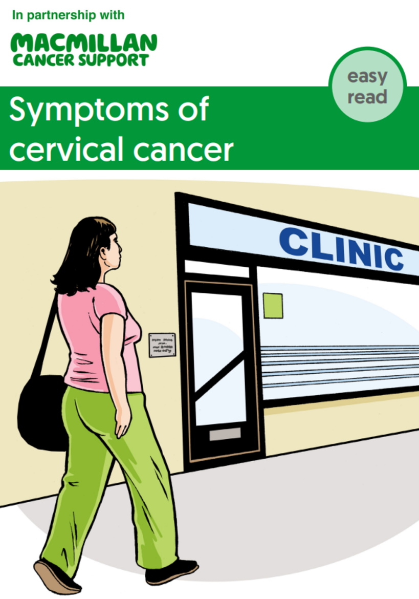 Cartoon of a woman walking into a clinic, title reads symptoms of cervical cancer.