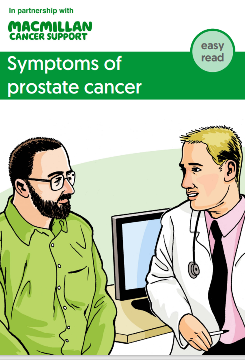 Cartoon of a man sitting with a Dr, titled; Symptoms of prostate cancer easy read. 