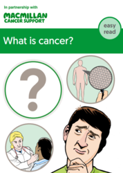 Cartoon of a man surrounded by a question mark, Dr examining patient and a magnifying glass looking at the human body titled What is cancer?