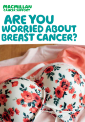 Woman holding up a leaflet, the leaflet has a coloured floral bra on the front. Titled; Are you worried about breast cancer?