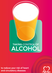Red leaflet cover with a cartoon of a pint titled; Taking control of alcohol. 