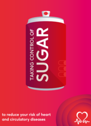 Red leaflet cover with a cartoon sugary drink, titled; Taking control of sugar 