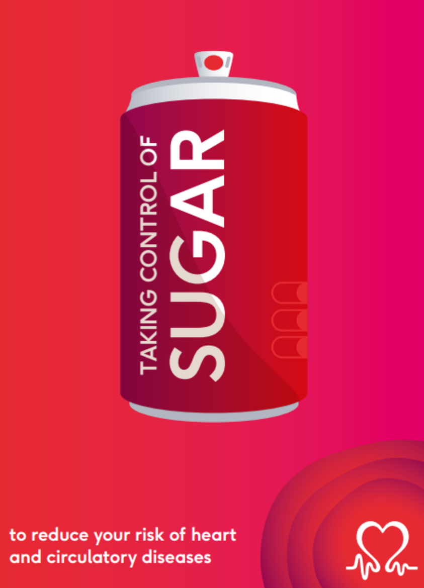 Red leaflet cover with a cartoon sugary drink, titled; Taking control of sugar