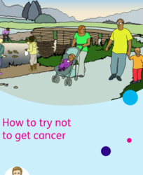 Cartoon figures people feeding ducks, family having a walk titled; How to try to not get cancer easy read 