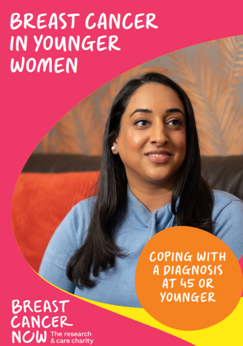 Pink leaflet with image of young woman, titled Breast cancer in younger women