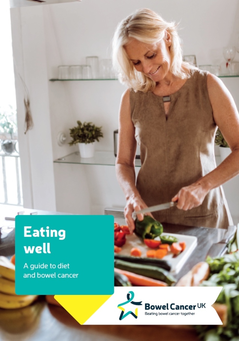 Woman preparing a meal titled; Eating well. 