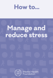 White and purple leaflet titled how to manage and reduce stress 