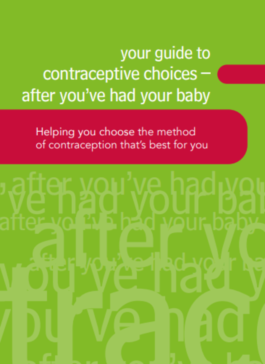 Green and red leaflet cover titled your guide to contraceptive choices after you have had your baby