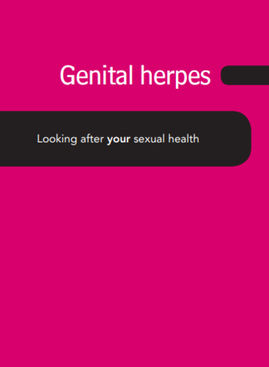 Pink and black leaflet cover titled: Genital herpes, looking after your sexual health