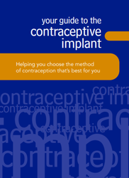 Blue and orange leaflet cover titled Your guide to the contraceptive implant 