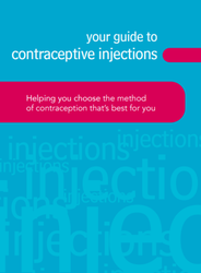 Blue and pink leaflet cover titled Your guide to contraceptive injections 
