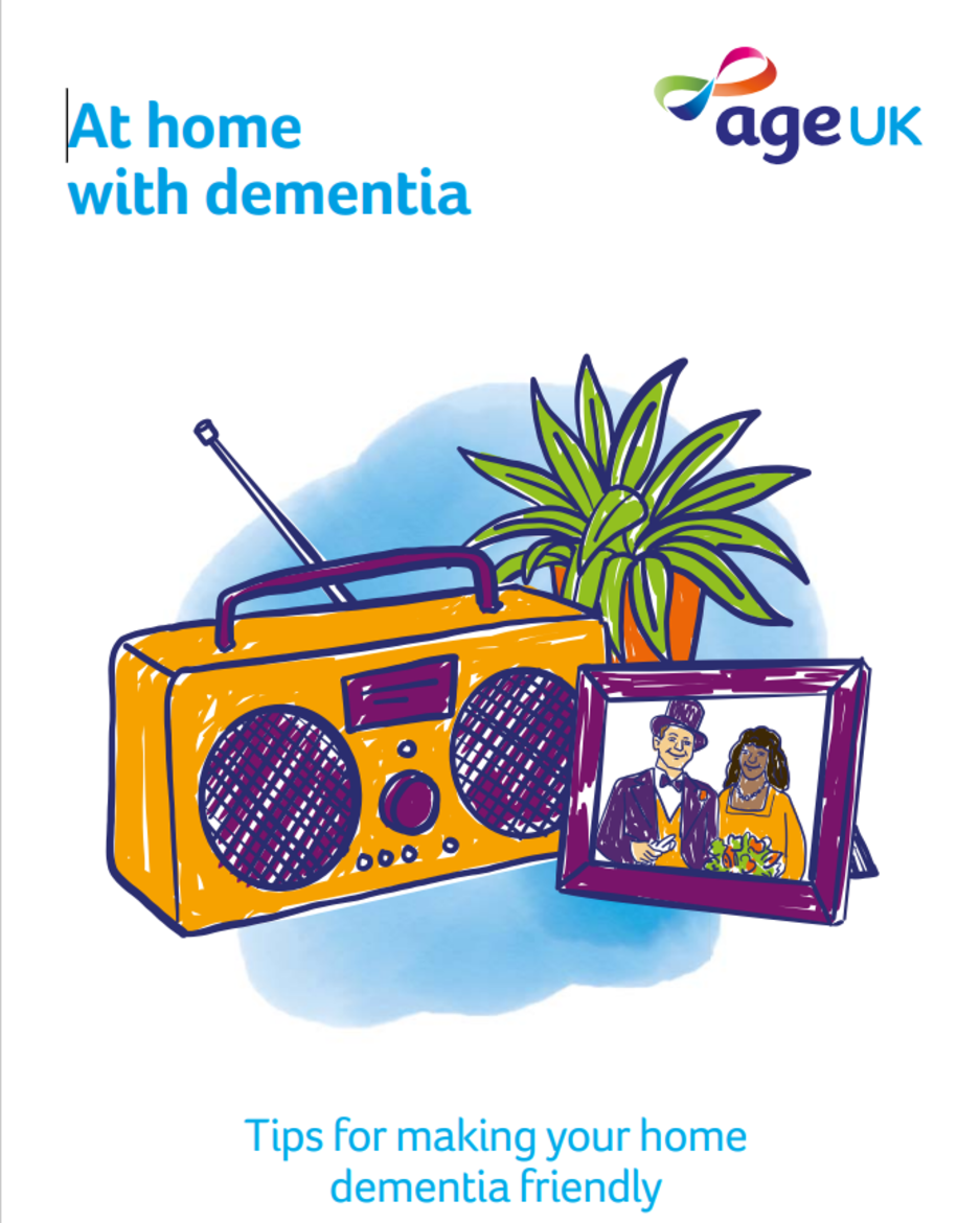 Leaflet with a yellow radio, plant and photo frame titled At home with dementia