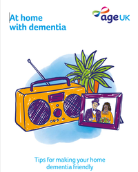 Leaflet with a yellow radio, plant and photo frame titled At home with dementia 
